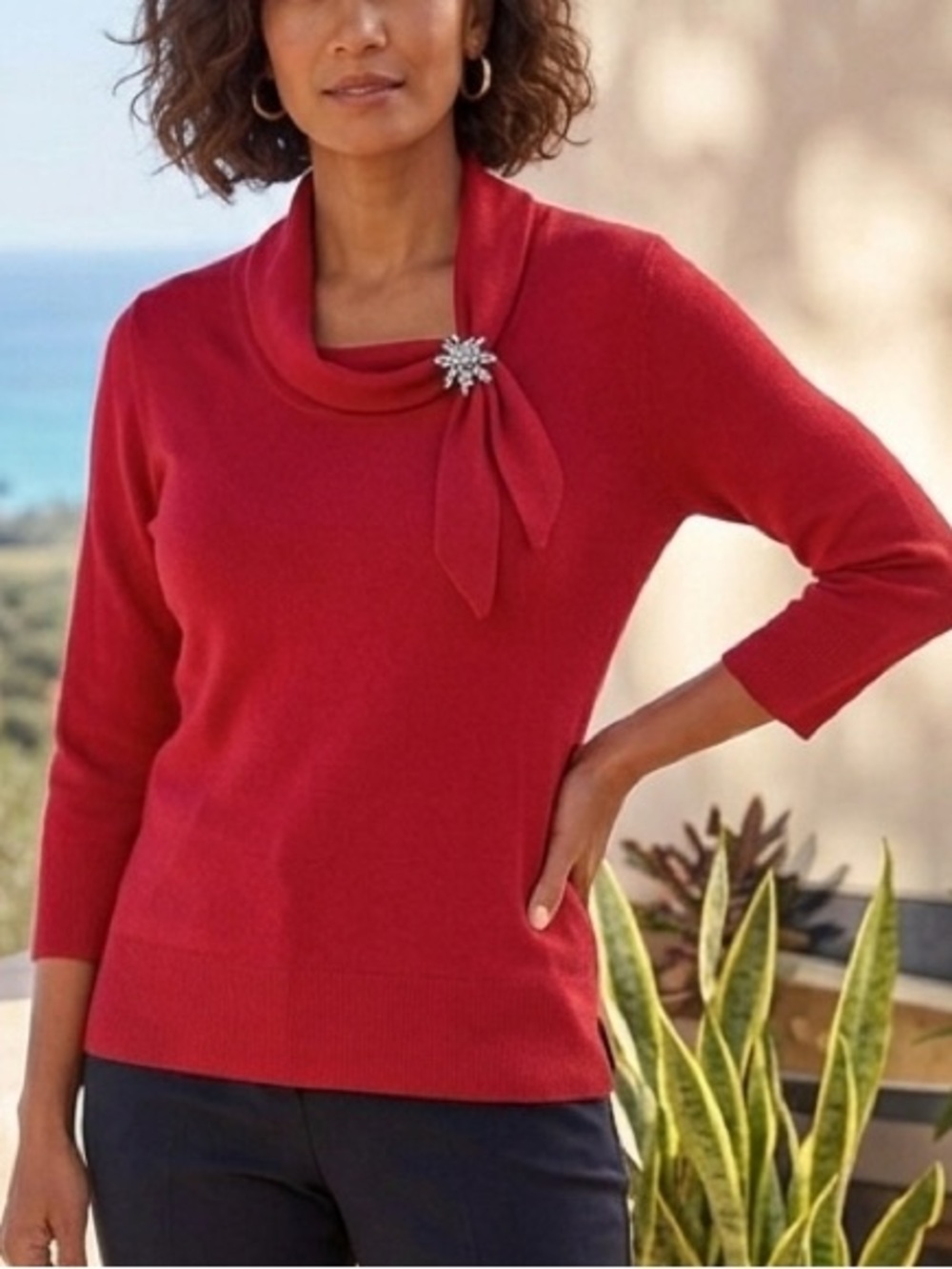 Requirements Red Tie-Neck Cowl Sweater with Brooch